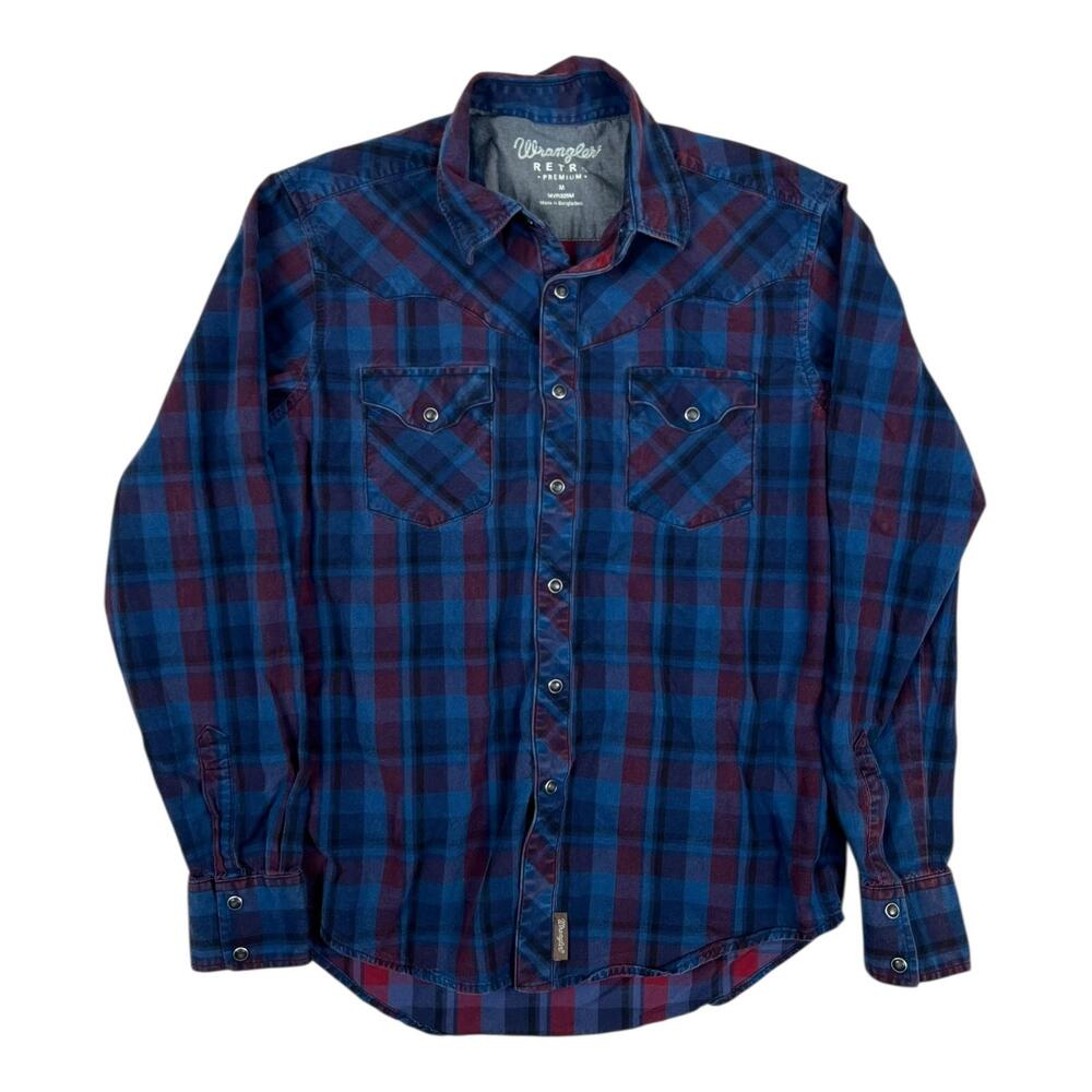 Wrangler Retro Premium Shirt Mens Medium Blue Plaid Long Sleeve Western Snap
